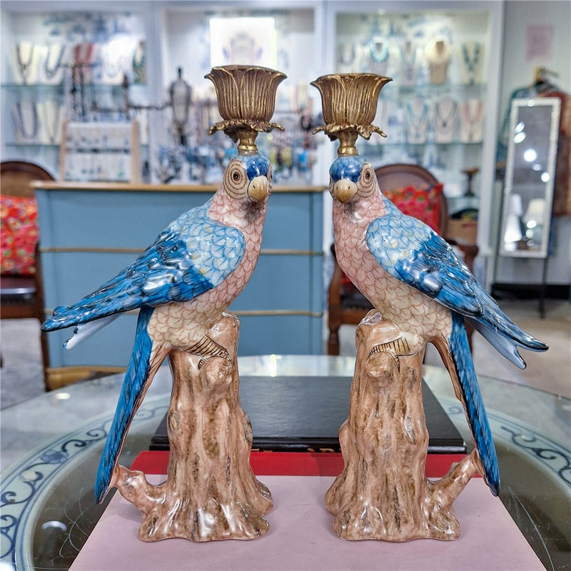 Blue Parrot Candle Holders-Porcelain & Bronze