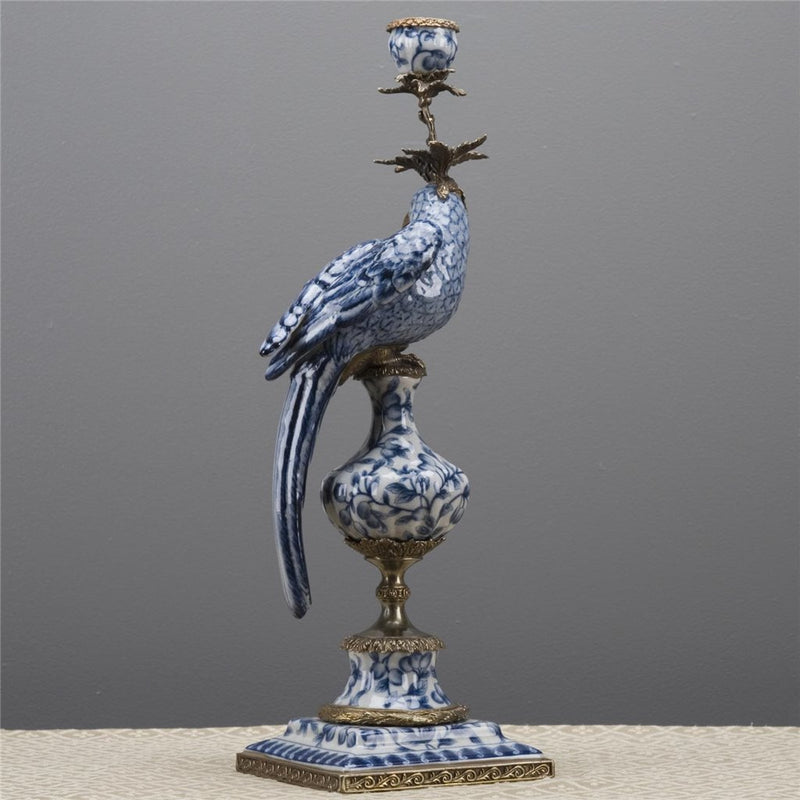 Blue & White Parrot Candle Holder-Porcelain & Bronze