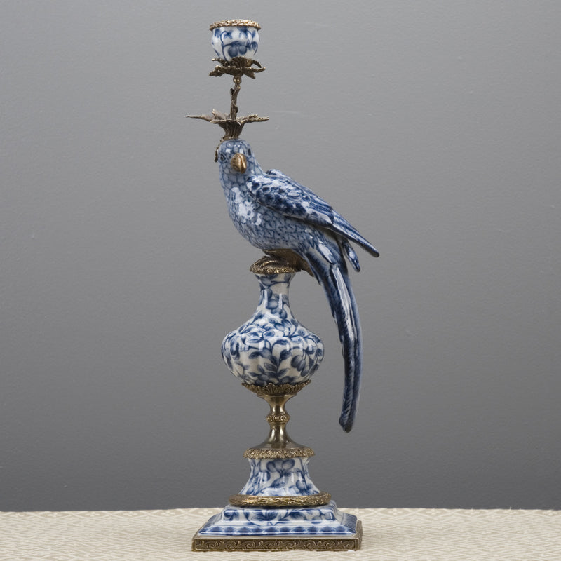 Blue & White Parrot Candle Holder-Porcelain & Bronze