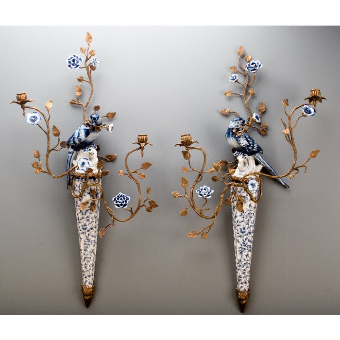 Blue & White Parrot Candle Wall Sconce Pair-Porcelain & Bronze