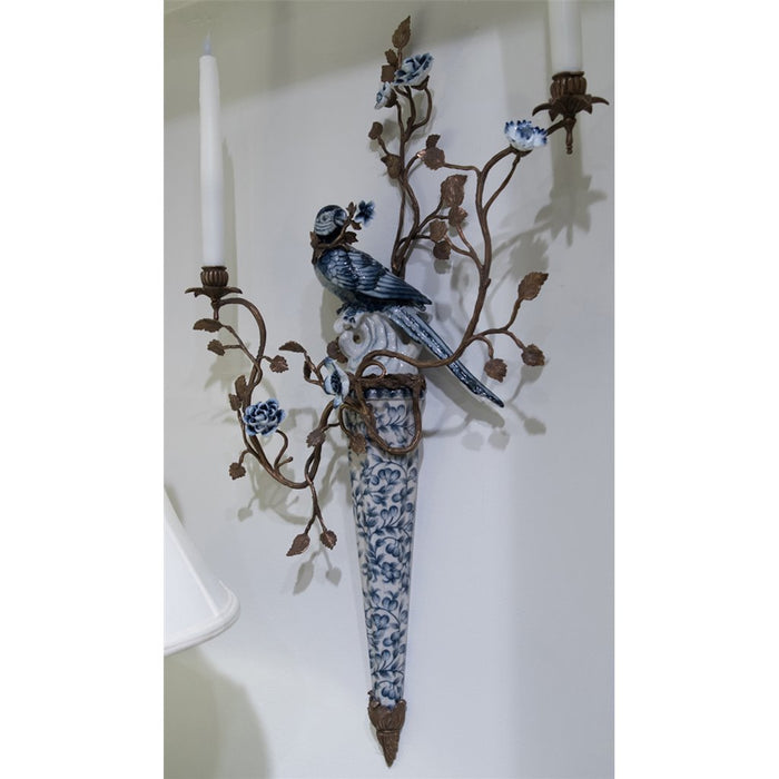 Blue & White Parrot Candle Wall Sconce Pair-Porcelain & Bronze