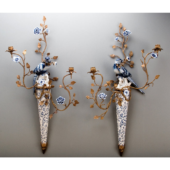 Blue & White Parrot Candle Wall Sconce Pair-Porcelain & Bronze