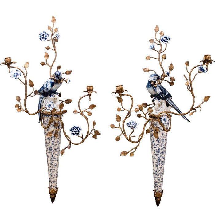 Blue & White Parrot Candle Wall Sconce Pair-Porcelain & Bronze