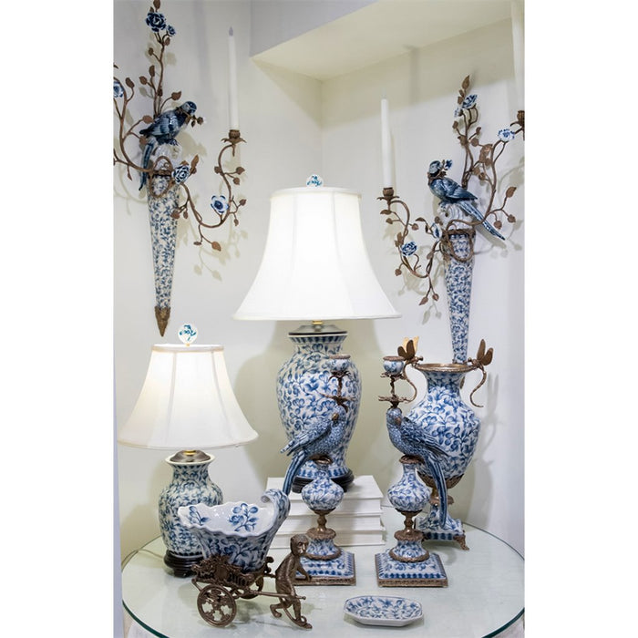 Blue & White Parrot Candle Wall Sconce Pair-Porcelain & Bronze