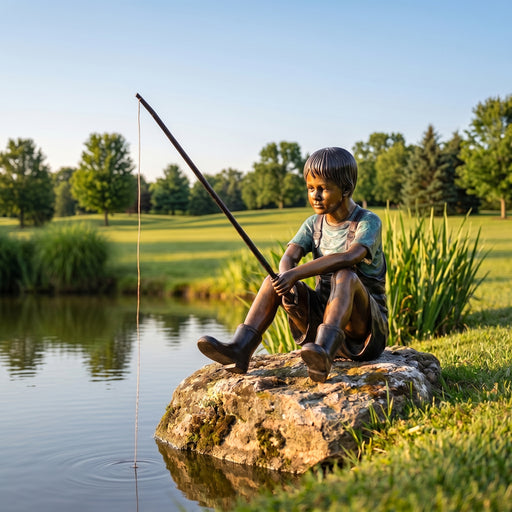 Bronze child fishing on a rock statue by a pond with trees in the background
