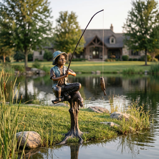 bronze boy with fishing pole Boy Fishing with Dog Bronze Sculpture-54"H — AllSculptures