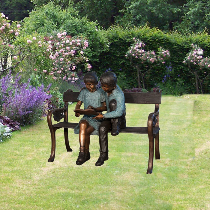 Boy & Girl Reading Book on Bench Bronze Sculpture