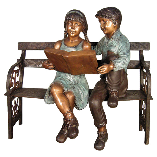 Boy Girl Reading on Bench Bronze Sculpture