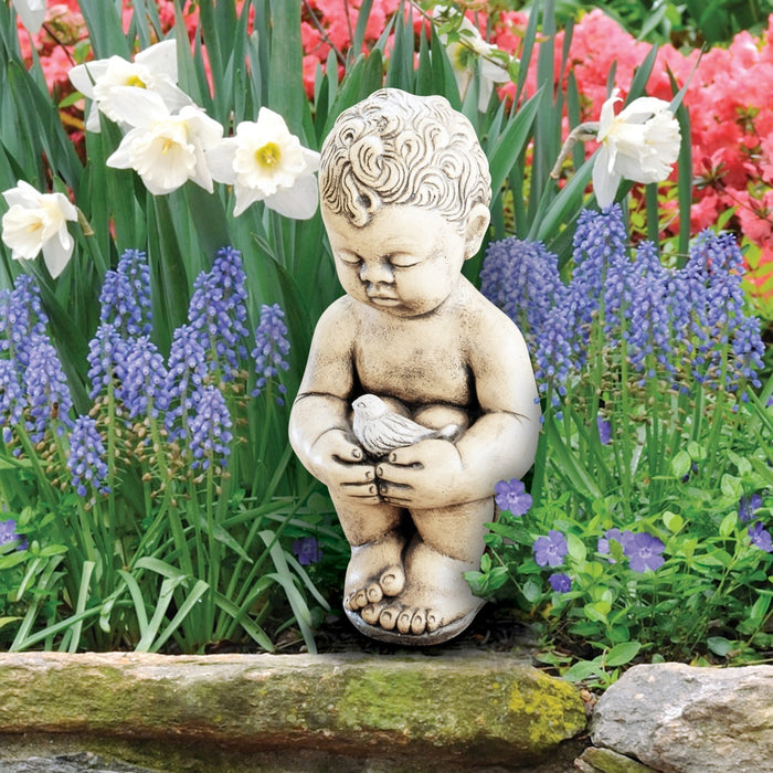 Child Holding Bird Garden Statue- Cast Stone