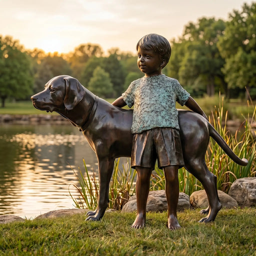 Bronze statue of a child and dog by a pond with trees in the background