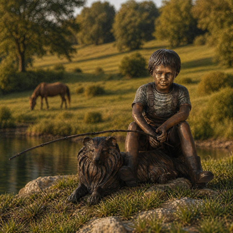 Bronze statue of a boy with a dog fishing by a lake in a natural setting