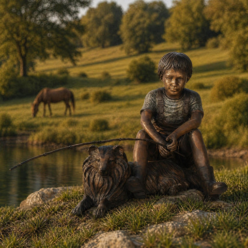 Bronze statue of a boy with a dog fishing by a lake in a natural setting