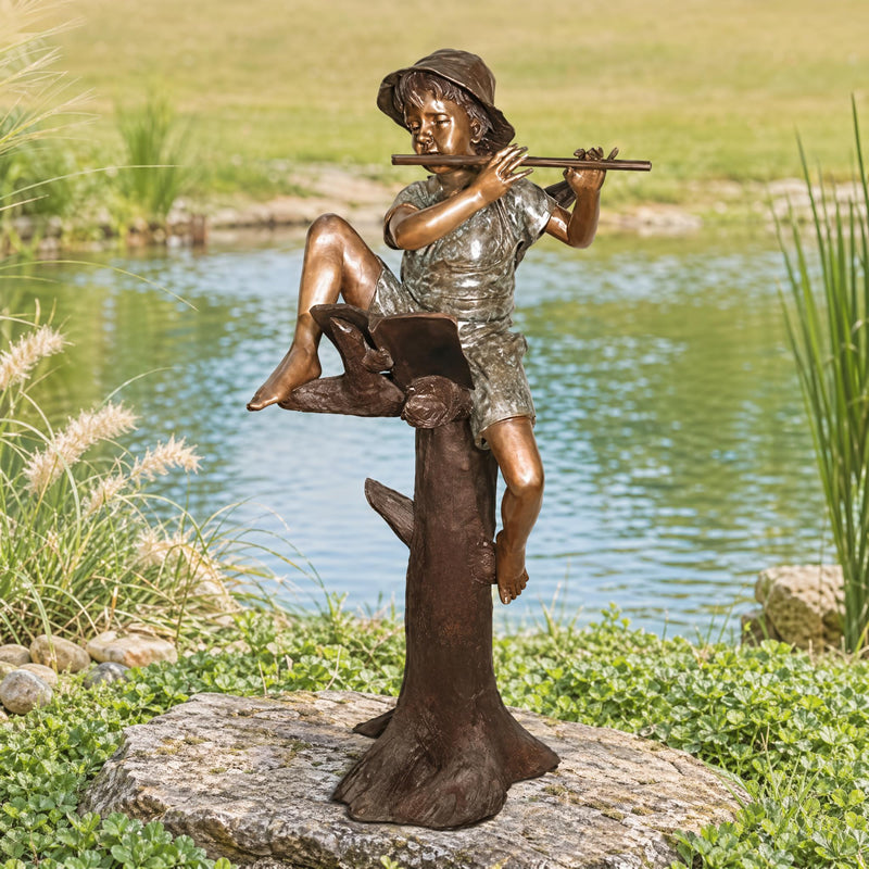 Boy Playing Flute in Tree- Bronze Sculpture