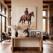 Living room with a cowboy painting on the wall and decorative bronco buster statue on a console table.