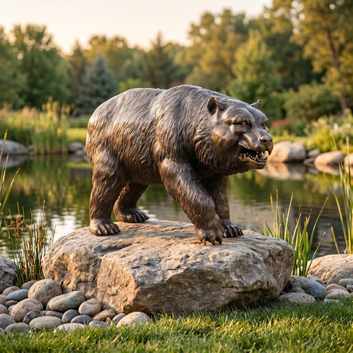 Bronze bear statue on a rock by a pond with trees in the background