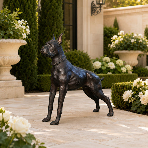 Bronze statue of a boxer dog on a patio with flowers and plants in the background