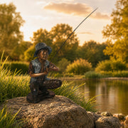 Statue of a boy fishing by a lake with trees in the background