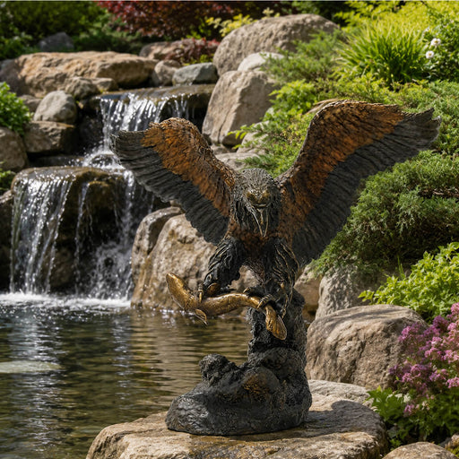 A large eagle statue with wings spread, perched on a rock and holding a fish, set in a landscaped garden pond with a small waterfall and greenery in the background.