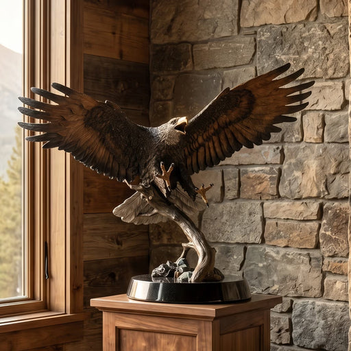 Bronze eagle statue on a wooden pedestal against a stone wall.