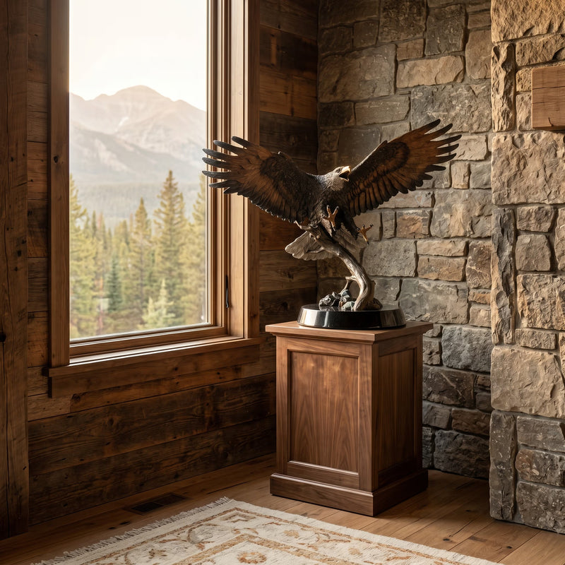 Statue of an eagle on a wooden pedestal in a room with stone walls and a large window showing mountains and trees.