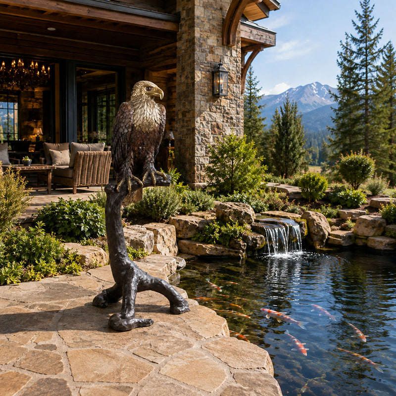 A large bronze eagle statue perched on a tree branch stands beside a stone patio and outdoor koi pond in a luxurious mountain chalet garden.
