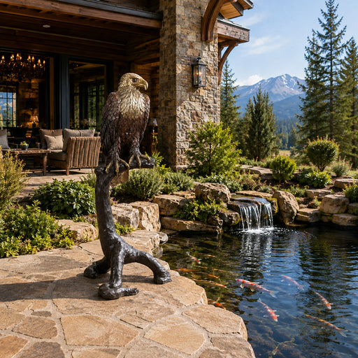 A large bronze eagle statue perched on a tree branch stands beside a stone patio and outdoor koi pond in a luxurious mountain chalet garden.