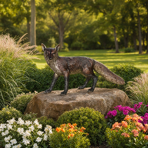 Fox statue on a rock surrounded by flowers and greenery