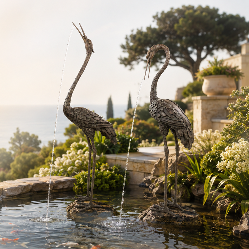 Two decorative heron statues with water features in a garden setting.