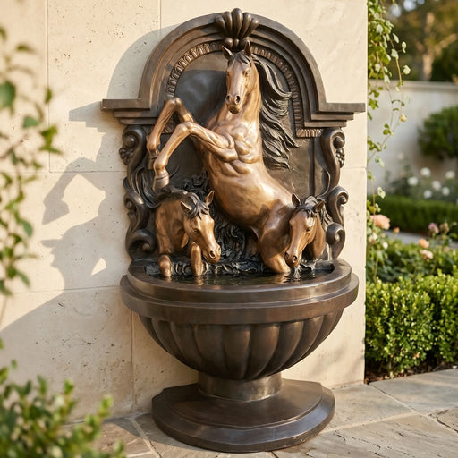 Bronze fountain with horses on a stone wall. Wall fountain ideas