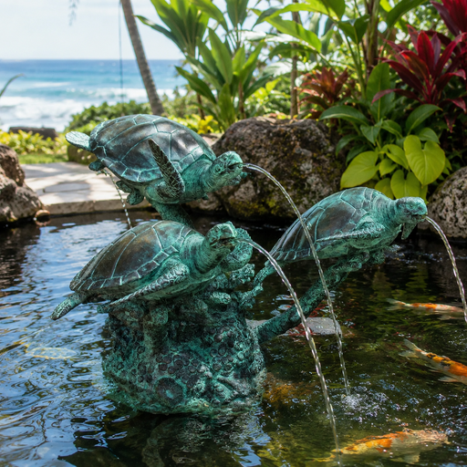 Fountain with turtle sculptures in a garden setting with plants and water.