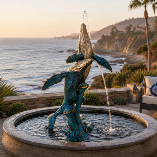 A humpback whale bronze fountain in a round stone pool, with water spraying from the mouth of the whale. The fountain is set outdoors on a patio overlooking the ocean at sunset, with cliffs, palm trees, and a lounge chair visible in the background.