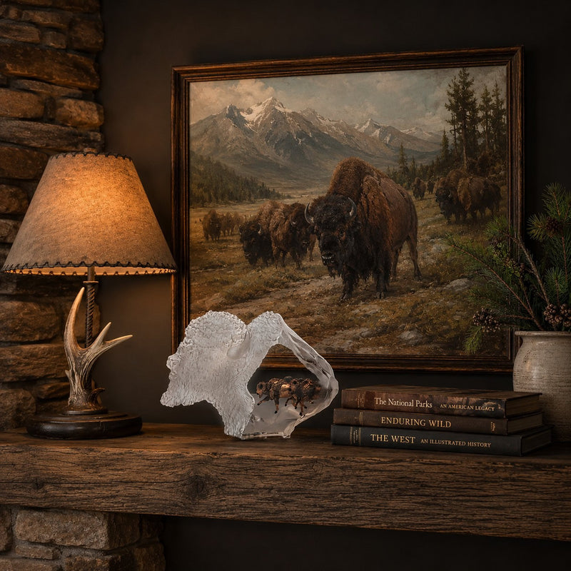 Framed painting of bison in a natural setting on a shelf with a lamp and a decorative buffalo sculpture by artist Kitty Cantrell