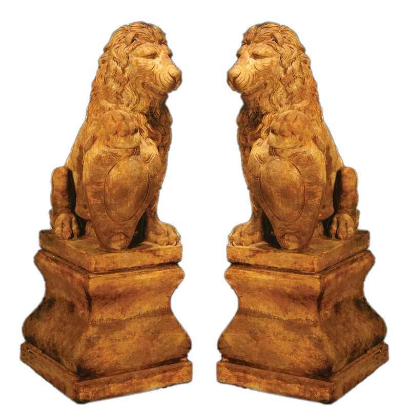Lion Statue on Pedestal Pair- Cast Stone