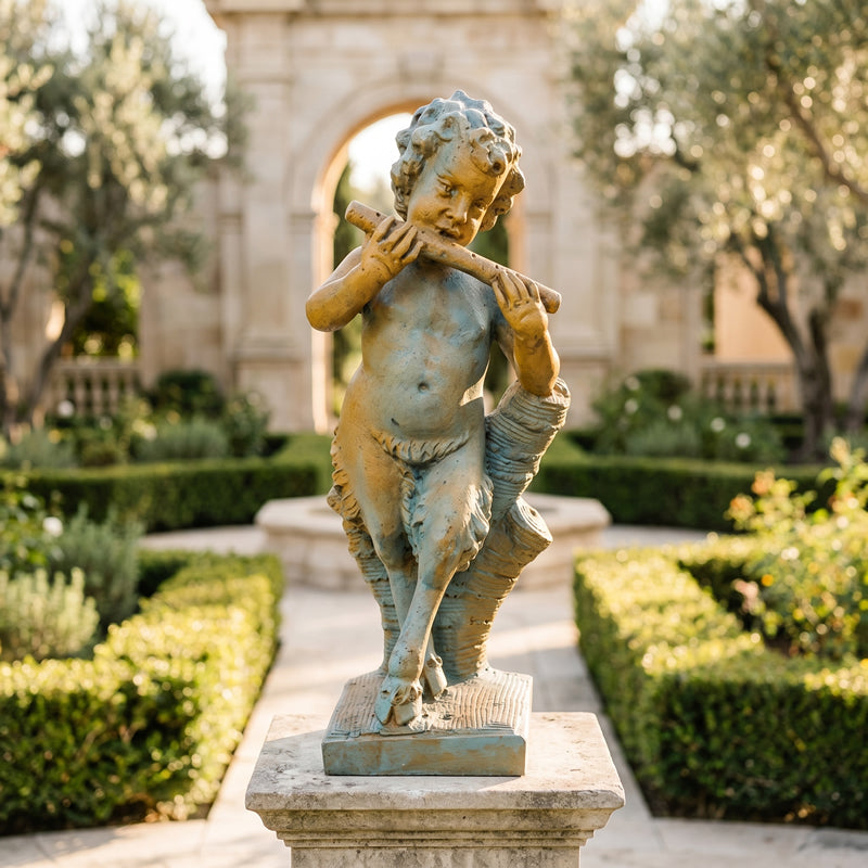Statue of a child playing a flute in a garden setting with a classical building in the background.