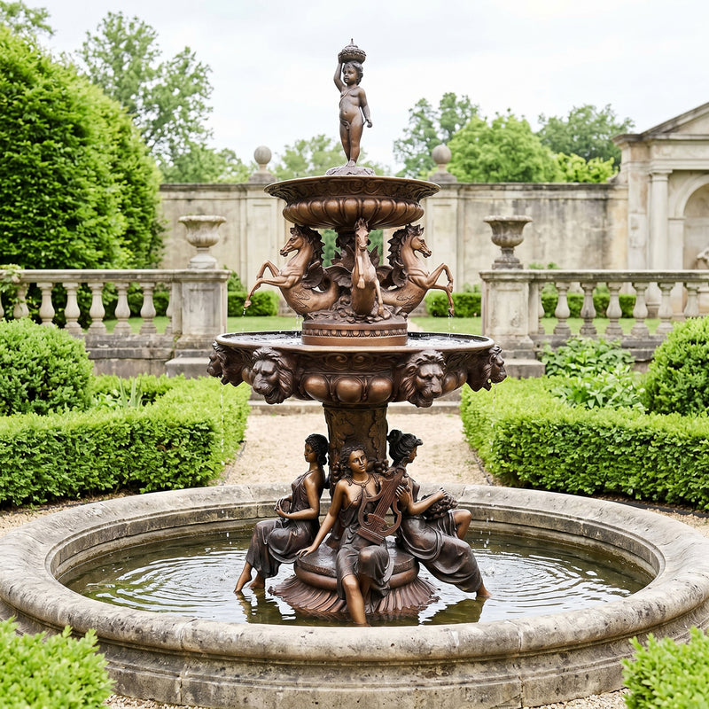 Bronze fountain with classical sculptures in a garden setting