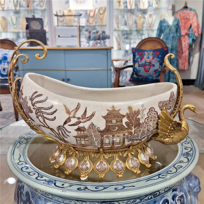 Chinese Swan Boat Bowl-Porcelain & Bronze