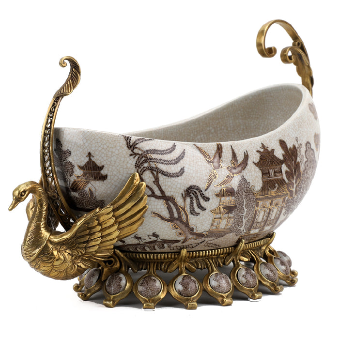 Chinese Swan Boat Bowl-Porcelain & Bronze