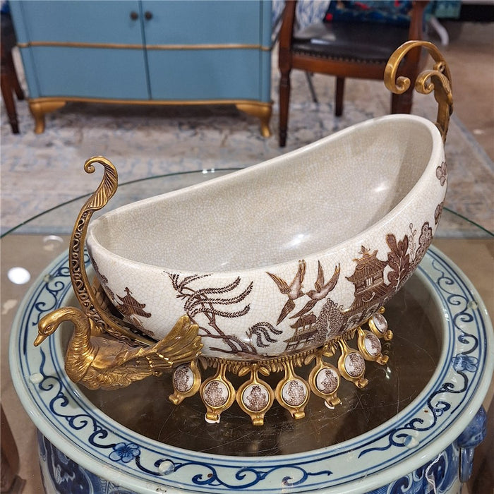 Chinese Swan Boat Bowl-Porcelain & Bronze