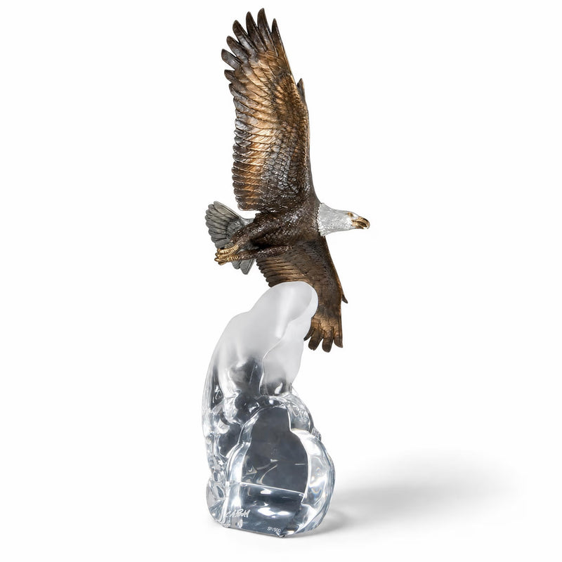 bronze eagle sculpture on acrylic cloud base. White background