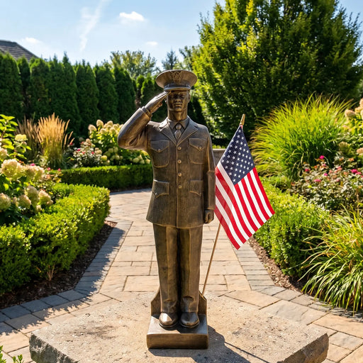 Bronze statue of a coastguard figure saluting with an American flag in a garden setting