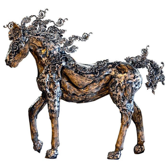 Contemporary Life Size Horse Sculpture-Teak & Metal