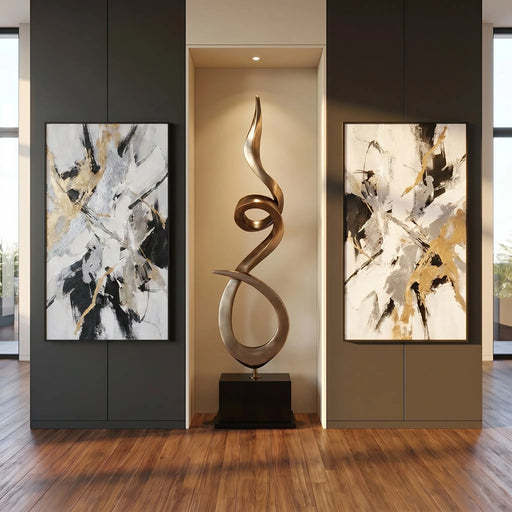 Burnished umber silver gold modern floor sculpture in niche. Abstract paintings on either side.
