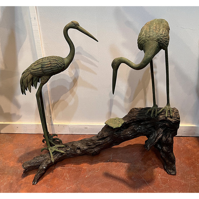 Two Cranes on Log Bronze Fountain