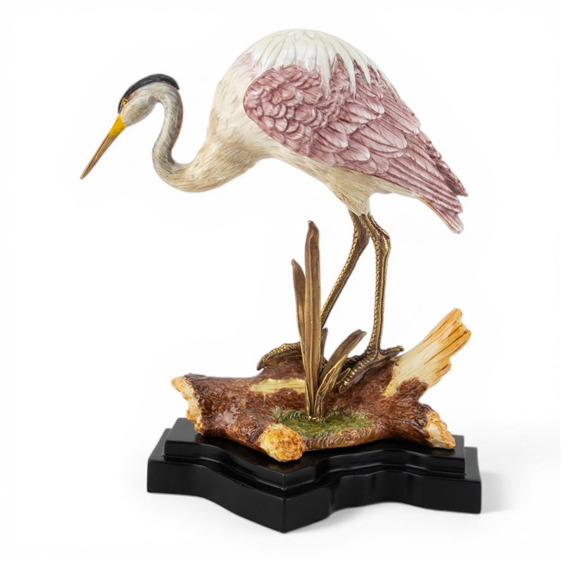 Crane on Log Sculpture-Porcelain & Bronze