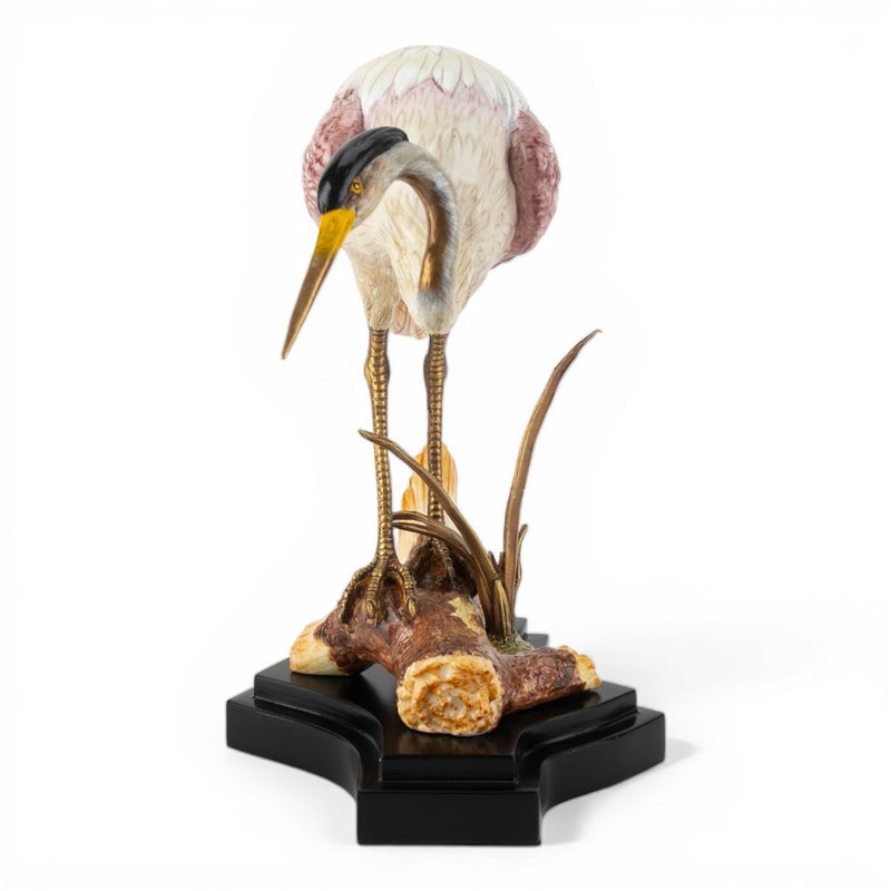 Crane on Log Sculpture-Porcelain & Bronze