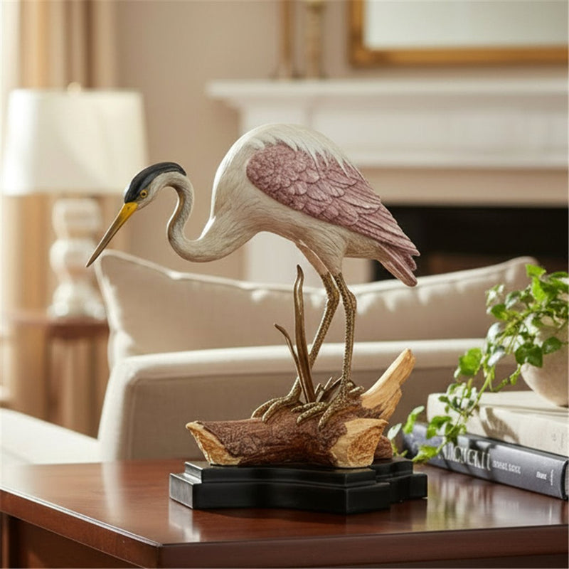 Crane on Log Sculpture-Porcelain & Bronze