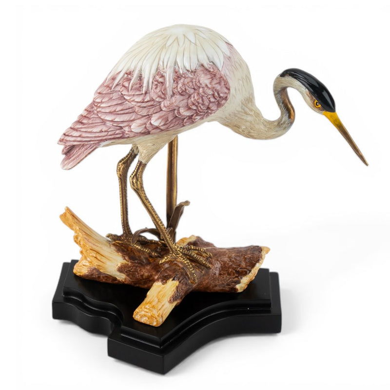 Crane on Log Sculpture-Porcelain & Bronze