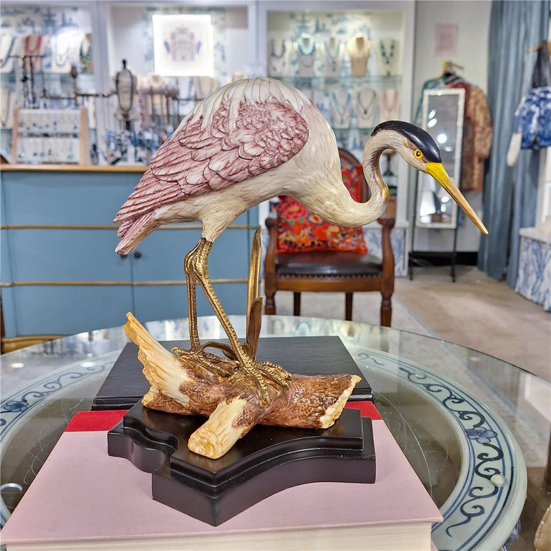 Crane on Log Sculpture-Porcelain & Bronze