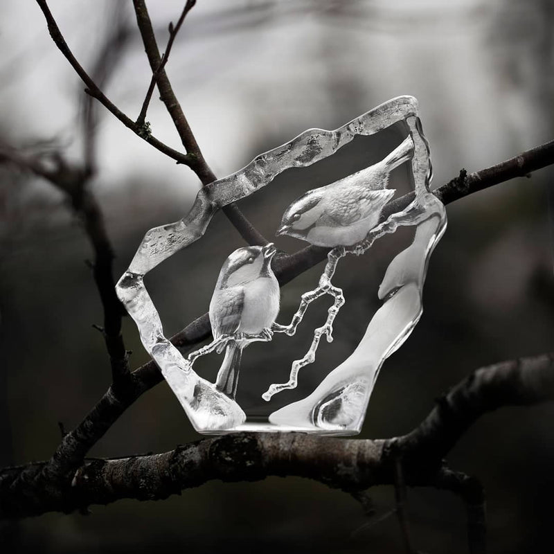 Crystal Marsh Tits (Chickadees) Sculpture