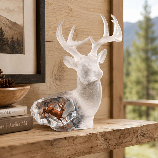 Decorative deer sculpture made by Starlite Originals. Title: Majestic Spirit. Placed on a wooden shelf with a mountainous background